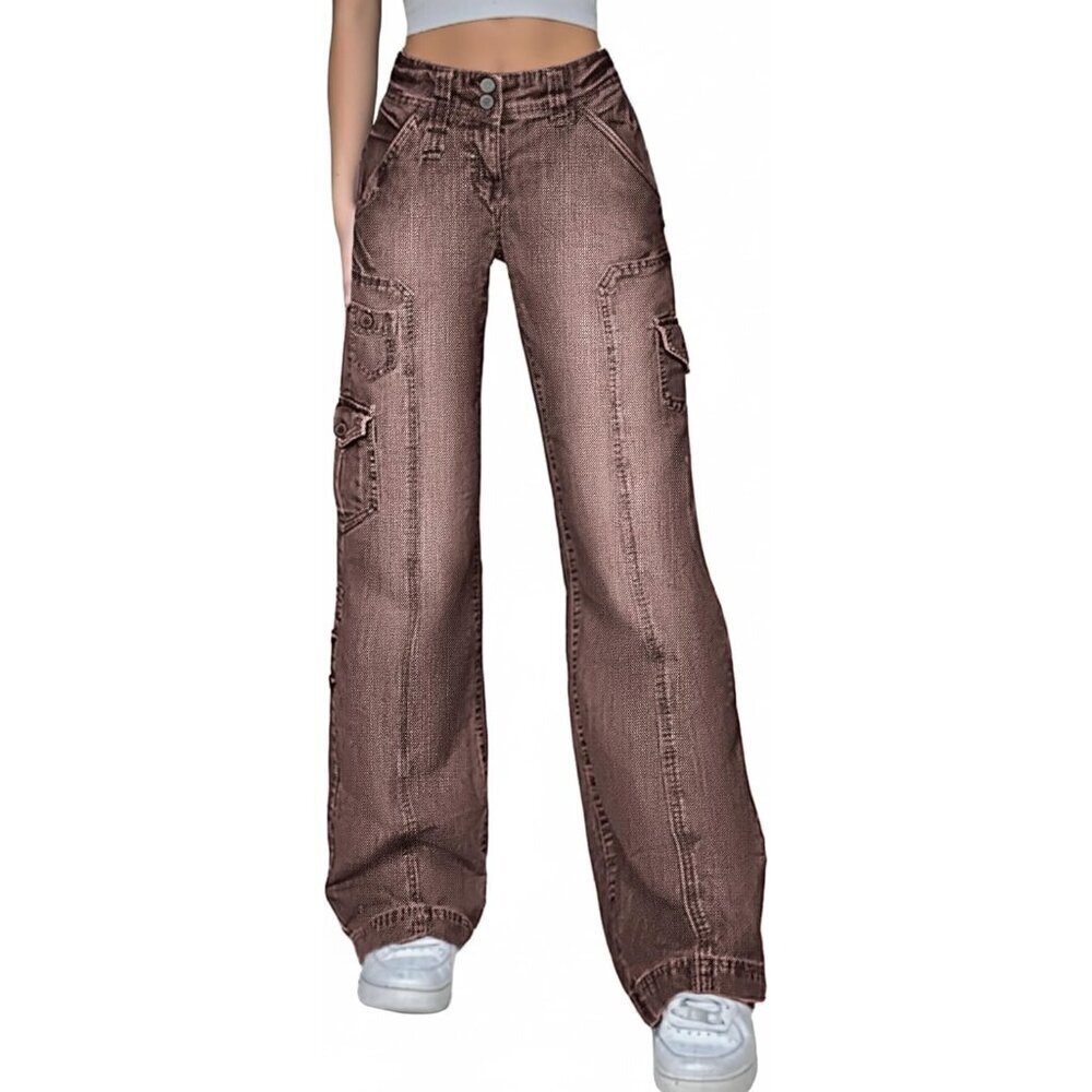Women Cargo Pants Stretchy Wide Leg Baggy Jeans with Pockets Casual Trousers